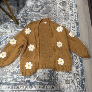 Daisy Appliqué Open-Front Cardigan Sweater